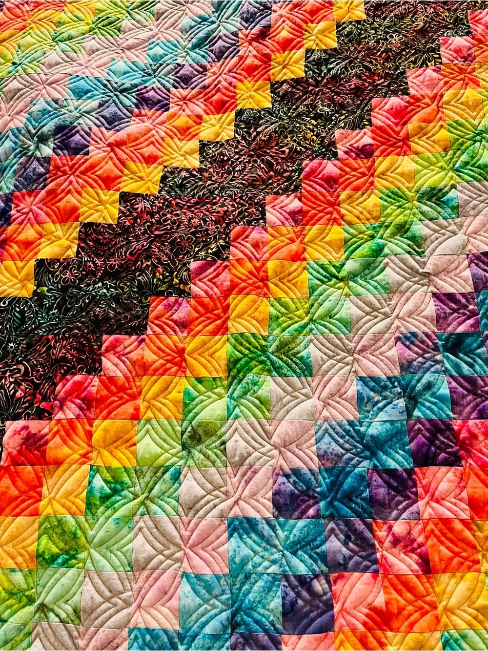 Handmade Multicolor Patchwork Quilt Bedspread - Vibrant Batik Rainbow Design